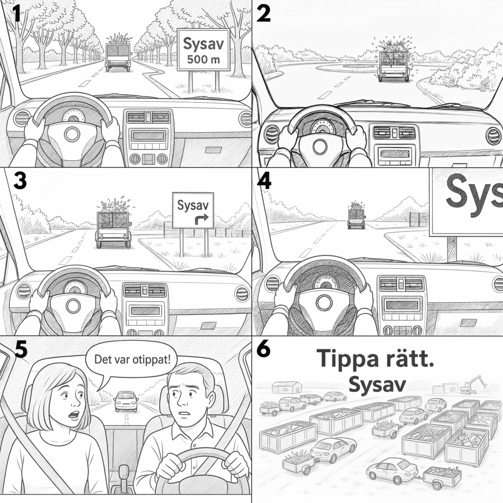 Storyboard för Sysav - Det var otippat! En bil följer ett släp, fullastat med trädgårdsavfall. Skyltarna visar att vi är påväg mot Sysav. Men släpet svänger inte av, utan kör förbi återvinningen. Personerna i bilen tittar på varandra och säger "Det var otippat!"