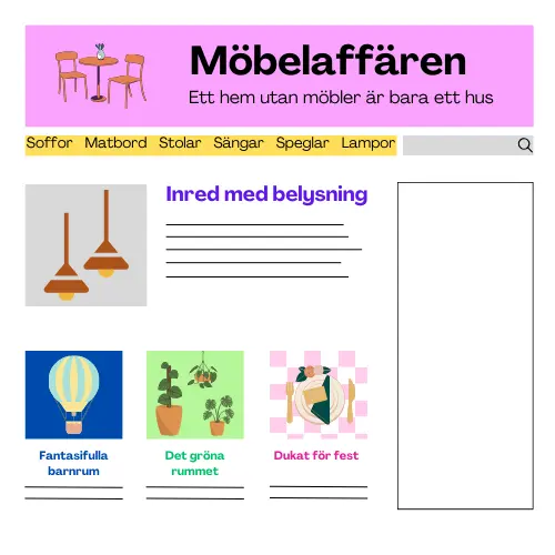 Exempelsida på hur en webbsida kan se ut hos en möbelaffär
